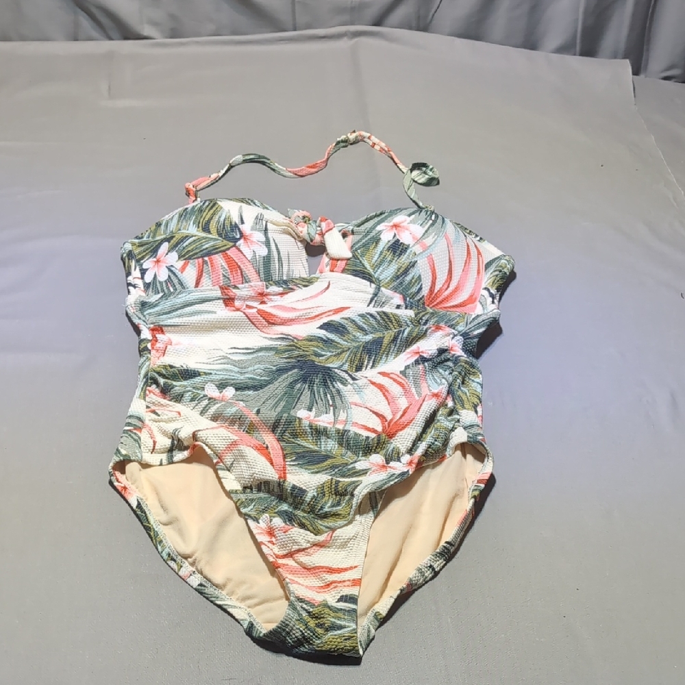 Kona Sol Tropical Leaf One Piece Swimsuit - Green and Pink